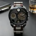Oversized multi-dial quartz watch for men featuring a textured dial and stylish design. - Black Brown