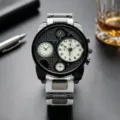 Men's oversized quartz watch with multi-dial chronograph and dual time zone display. - Black and Gray