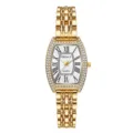 Montre quartz tonneau dorée pour femme avec lunette en diamant, cadran blanc et chiffres romains chic - Blanc Or
