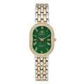 Elegant women's quartz watch with green oval dial, rhinestone bezel and two-tone metal bracelet. - Two-tone Gold Green Dial