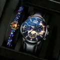Men watch bracelet gift set blue dial black leather strap stylish business quartz timepiece - Watch And Bracelet Set (Without Box) / Black Blue 1