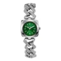 Dettaglio orologio maglia cubana con quadrante verde, bracciale metallo pavé di cristalli e indici. - Argento Verde