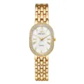 Luxury gold oval quartz watch for women with rhinestones, vintage Roman numerals and metal strap. - Gold White