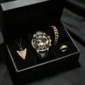 Detailed view of luxury men's black gold watch set with necklace bracelet and ring in box. - Gold Gold (Without Box) / Jewelry Set