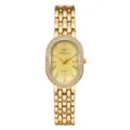Gold-tone oval quartz watch for women featuring a diamond-paved bezel and roman numerals. - Gold