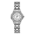 Elegante silberne Damen Quarzarmbanduhr mit glänzender Strass Lünette und Ziffern. - Silber Weiß