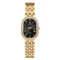 Elegant gold women quartz watch featuring an oval black dial and sparkling crystal rhinestone bezel. - Gold Black