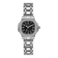 Elegante Damen Quarzurhr mit Strasslünette, schwarzem Zifferblatt sowie silbernem Metallarmband. - Silber Schwarz