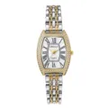 Vue détaillée de la montre à quartz tonneau vintage avec lunette diamant et chiffres romains. - Bicolore Blanc