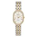 Elegant women's quartz watch with oval rhinestone bezel, two-tone metal strap and roman numerals. - Gold-Silver White