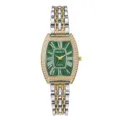 Détail montre quartz tonneau cadran vert, lunette strass élégante et bracelet bicolore. - Or & Argent/Vert