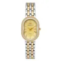 Elegant women's oval quartz watch with diamond bezel and two-tone stainless steel bracelet. - Gold & Silver