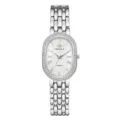 Elegant women's quartz watch with oval rhinestone dial and silver metal link bracelet. - Silver White