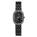 Elegant rhinestone women's quartz watch with black oval dial and metal link bracelet. - Black