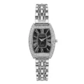 Vue détaillée de la montre quartz femme tonneau avec lunette diamant et cadran chiffres romains. - Noir Argenté