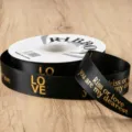 Black gold foil stamped satin ribbon for gift wrapping, bouquet packaging and baking decor. - Black