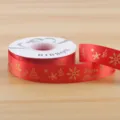 Red Christmas ribbon roll with gold foil snowflakes and trees for holiday gift wrapping DIY. - Polyester Style A / 2.5cmx25 Yards / Red