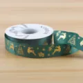 Christmas green gold foil ribbon with reindeer and tree pattern for gift wrapping and DIY crafts. - Style E Christmas Grosgrain / 2.5cmx25 Yards / Green
