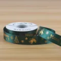 Christmas gold stamping ribbon green fabric spool for DIY gift wrapping and holiday party decor - Polyester Style C / 2.5cmx25 Yards / Green