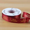 Red Christmas satin ribbon with gold foil Merry Christmas text and dots on a white spool - Polyester Style G / 2.5cmx25 Yards / Burgundy