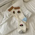 Cute black cat embroidered mid-tube socks for women, soft cotton retro daily wear. - Women's Size 35-39 / Beige