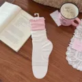 Korean style ballet stacked socks with cute pink and white colorblock and lettuce edge. - One Size / White & Pink