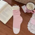 Ins ballet style minimalist Korean colorblock lettuce edge slouchy socks in pink and cream. - One Size / Pink & Milky White