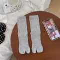 Grey split-toe mid-calf socks for women, breathable ribbed cotton tabi socks for summer wear. - Dark Gray
