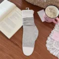 Korean ballet style colorblock lettuce edge slouchy leg warmers half palm socks cotton thin - One Size / Light Gray & White