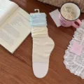 Korean style cute lettuce edge color block leg warmers spring summer breathable cotton socks - One Size / Milky White & Blue