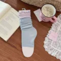Korean style sweet color-blocked ruffled leg warmers breathable cotton socks for spring summer - One Size / Light Blue & Purple