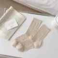 Beige ribbed crew socks for women, minimalist solid color breathable cotton daily wear style. - One Size / Oatmeal