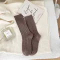 Cozy brown knit mid-calf socks for women, warm winter thermal cable knit hosiery daily wear. - One Size / Light Coffee