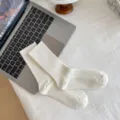 Comfortable pure cotton mid-tube socks for women, vintage ribbed design for daily wear. - Medium Tube Milk White