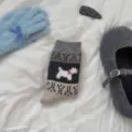 Cozy thermal wool knit socks featuring cute dog pattern, thick warm winter crew socks. - White