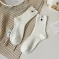 Herfst winter Koreaanse stijl wol vrouwen halverwege buis sokken effen kleur warm leuk - Eén maat / Crèmewit