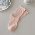 Solid pink women mid tube socks, rolled edge vertical stripe breathable cotton hosiery. - One Size / Sweet Orange