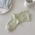 Light green ribbed rolled cuff crew socks, soft breathable cotton solid color daily casual socks - One Size / Green