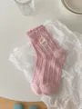 Chaussettes mi-tubes maille nœud rose, style mignon respirant été décontracté femmes - Rose avec Nœud en Dentelle
