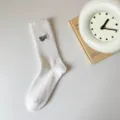 White mid-calf cotton socks with stylish embroidered letters, casual and comfortable sportswear. - One Size / White