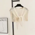 Beige hollow knit shawl bolero for women, stylish open front cardigan cape for daily outfit. - Beige