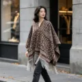 Women fashion knit poncho shawl brown leopard print v-neck fringe stylish casual outerwear. - Coffee
