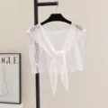White hollow out knit shawl detail, stylish summer beach cover up cape with tie front design. - White