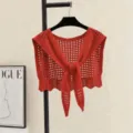 Women knitted hollow out red shrug shawl cardigan casual stylish outerwear summer new - Red