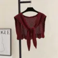 Women hollow knitted cape vintage stylish button shawl breathable casual outerwear aesthetic top - Burgundy