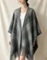 Gray plaid fringe cape shawl for women, cozy winter warm open front wrap coat outerwear. - Four-Line Plaid Shawl - Gray