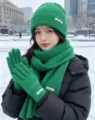Green knitted three-piece set winter hat scarf and gloves detail shot for women fashion. - Solid Color Knitted 3-Piece Set - Green