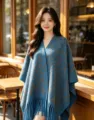 Comodo poncho mantella in finto cashmere chevron da donna autunno inverno calda sciarpa con frange. - Scialle con Nappe Chevron / Nappine blu