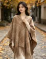 Women's autumn winter plaid fringe cape shawl, stylish cozy warm knitted outerwear poncho. - Four-Line Plaid Shawl - Khaki