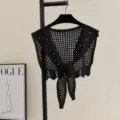 Black hollow knit shawl women summer thin cardigan open front cape hollow crochet outerwear - Black
